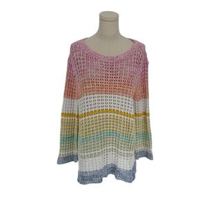 Talbots Petite Striped Crochet Knit Sweater Pink Yellow Blue White XL